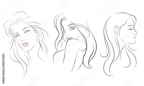 girl face long hair portrait isolated on white background. hand drawn vector illustration
