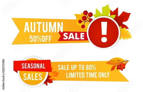 Autumn sale flyers. Seasonal sale vector banners with color leaves. Season fall sale, advertising special autumnal shopping illustration