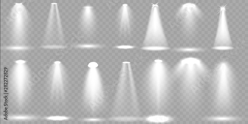 Scene illumination big collection, transparent illuminated effects. Bright concert with spotlights for your design. 