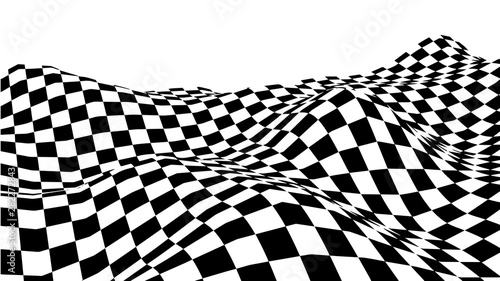 Optical illusion wave. Chess waves board. Abstract 3d black and white illusions. Horizontal lines stripes pattern or background with wavy distortion effect. Vector illustration.
