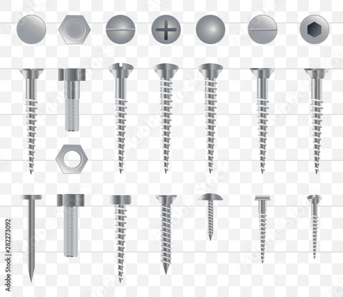Set of 3d realistic metal screws, stainless steel bolts, nuts, rivets and nails isolated onn a transparent background. 