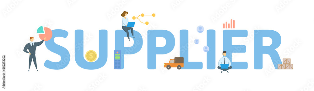 SUPPLIER. Concept with people, letters and icons. Colored flat vector illustration. Isolated on white background. SUPPLIER. Concept with people, letters and icons. Colored flat vector illustration. Isolated on white background.