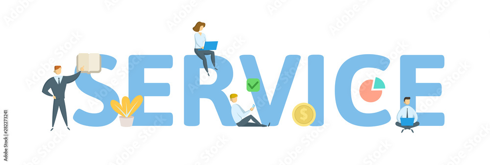 SERVICE. Concept with people, letters and icons. Colored flat vector illustration. Isolated on white background. SERVICE. Concept with people, letters and icons. Colored flat vector illustration. Isolated on white background.