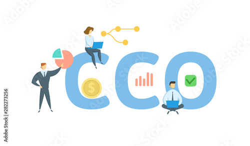 CCO, Chief Compliance Officer. Concept with people, letters and icons. Colored flat vector illustration. Isolated on white background.