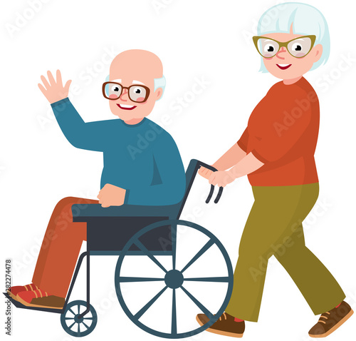 Elderly couple husband and wife. Cheerful old man in a wheelchair