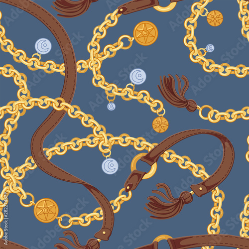 Seamless pattern with trendy chain belts with charms and leather tassels on gray background