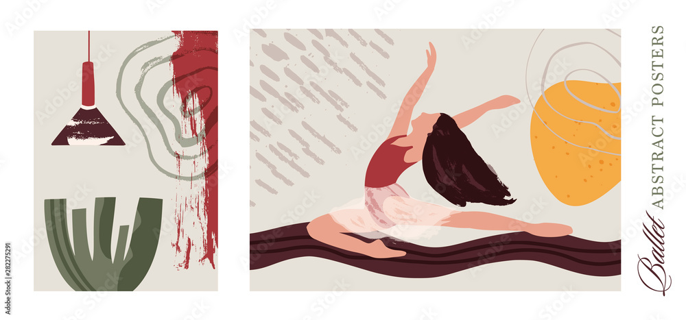 Ballet dancer girl poster set. Ballerina modern illustration. Abstract vector collection. Flat and Hand drawn brush ink textured art.