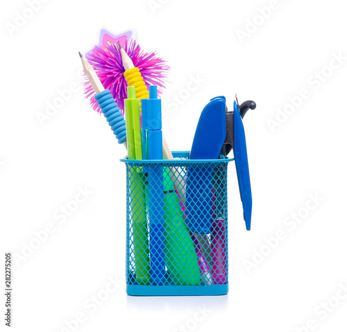 Stationery set in stand on a white background. Isolation