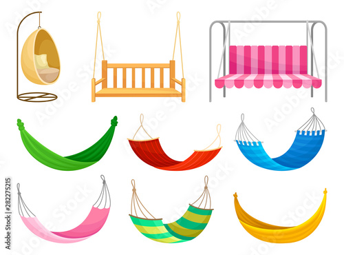 Set of outdoor garden swings and fabric hammocks. Vector illustration on white background.