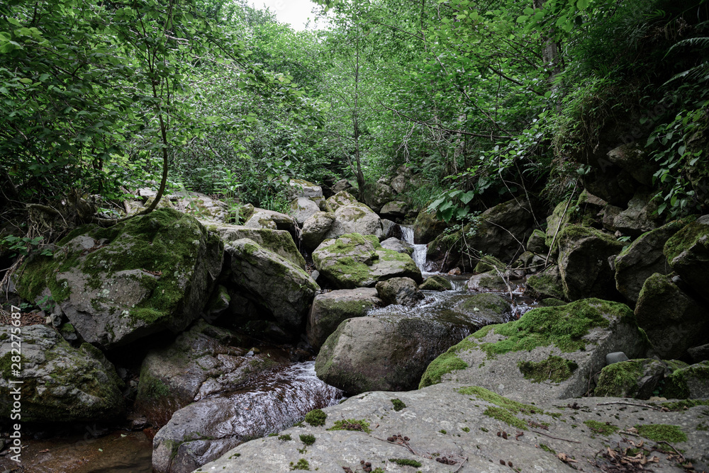 mountain river with large stones in the riverbed and stone banks, surrounded by forest along the banks, on a bright sunny day, with clouds in the sky.