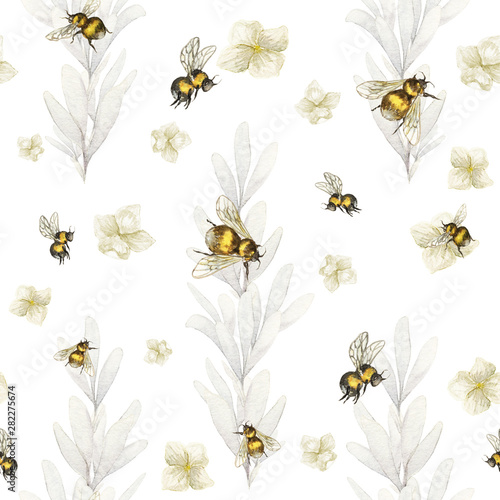 seamless light background with bumblebee flowers and branches of leaves © Oksana