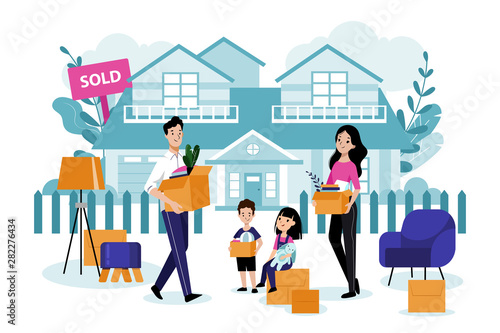 Happy family with two kids move to their new house. Vector flat cartoon illustration. Relocation and moving concept.