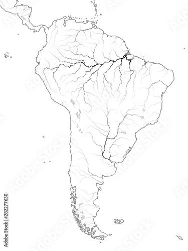 World Map of SOUTH AMERICA: Latin America, Argentina, Brazil, Peru, Andes, Cordilleras, Amazon River, Selva, Llanos, Pampa, Patagonia. Geographic chart of continent with coastline, landscape & rivers. photo