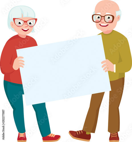 Elderly married couple of lovers in full length together hold the white blank