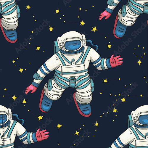 Astronaut vector seamless pattern. Cosmos cartoon illustrations. Spaceman flying in the other space. Universe galaxy background.
