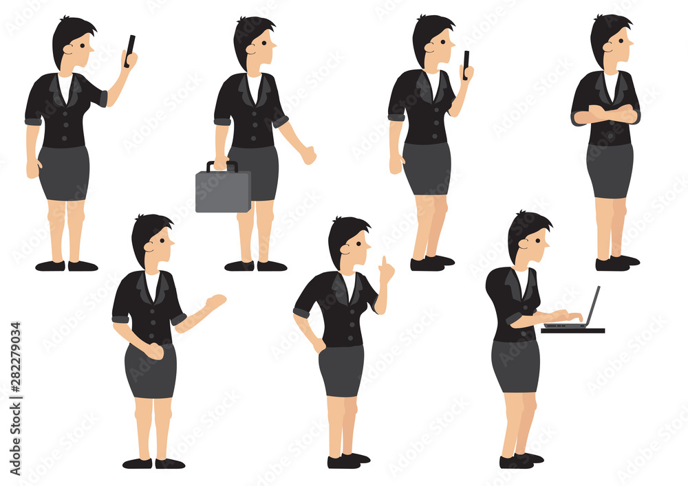 A set of business woman with different pose with his computer and mobile phone. Isolated vector illustration. A set of business woman with different pose with his computer and mobile phone. Isolated vector illustration.