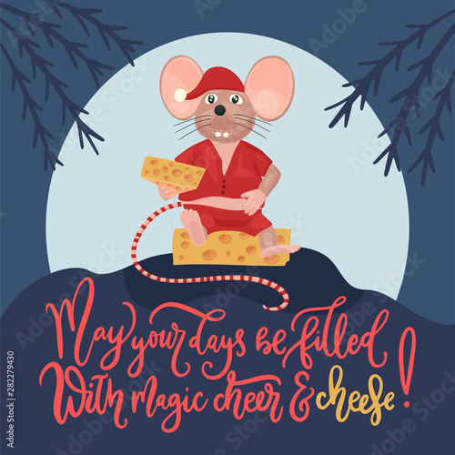 Christmas vector mouse. Cartoon illustration. May your days be filled with cheer and cheese.
