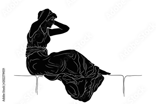 A woman in a long dress sits on a stone parapet and makes her hair. Vector image isolated on white background.