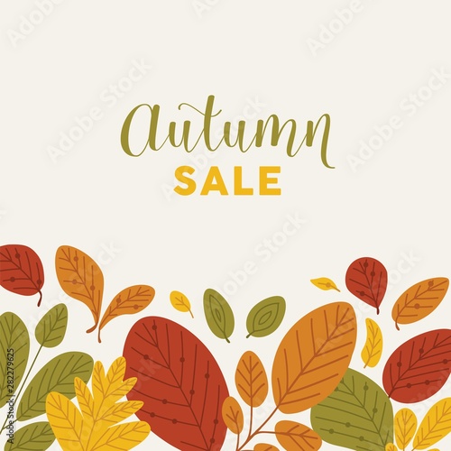 Square banner template decorated by fallen leaves or dried foliage at bottom edge and Autumn Sale lettering written with stylish font