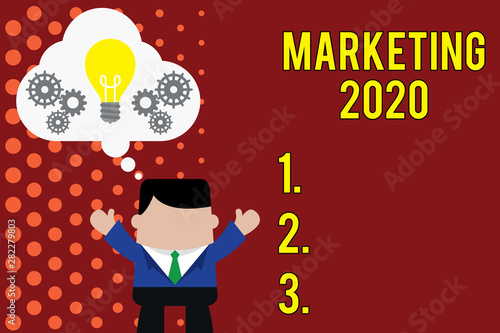 Writing note showing Marketing 2020. Business concept for Commercial trends for 2020 New Year promotional event Man hands up imaginary bubble light bulb working together