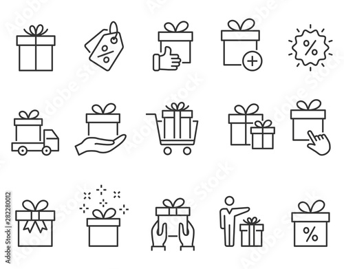 Gift box line icons set. Black vector illustration. Editable stroke.
