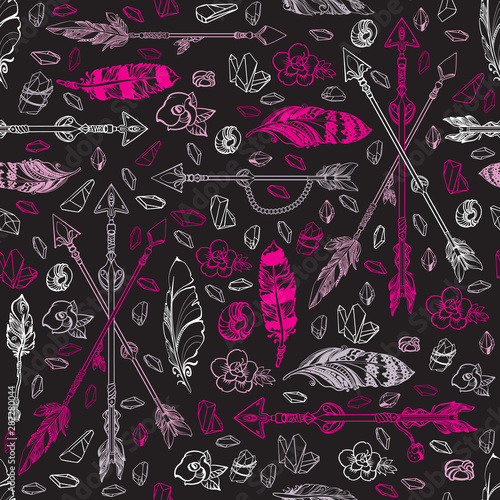 Wallpaper Mural Seamless pattern of feathers, flowers, crystals. Vintage vector illustration. Torontodigital.ca
