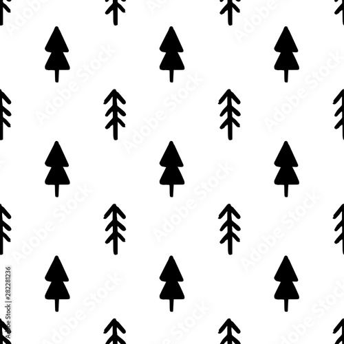 Hand draw Christmas Tree Seamless Pattern black and white colors. Monochrome Vector Simple Scandinavian Background. Ink Doodle texture for New Year 2020. For Postcards, packaging, printing on fabric