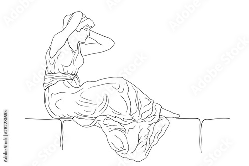 A woman in a long dress sits on a stone parapet and makes her hair. Vector image isolated on white background.