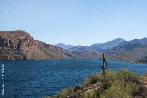 scenic and historic lake at apache trail arizona , cactus landscape and red rock formations on sunny day , united states
