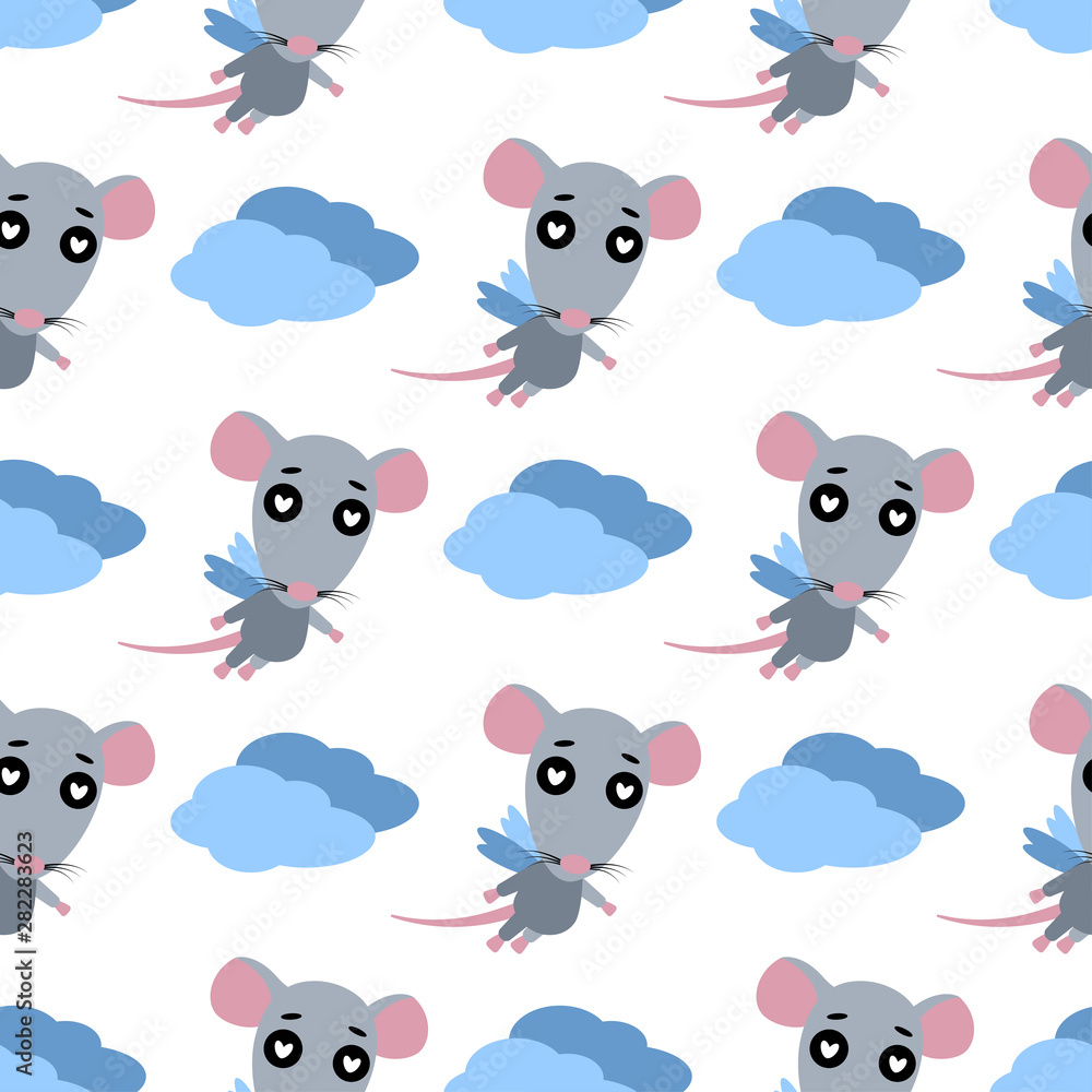 Vector seamless background. Cute vector rat. Rat in love. White background. Flat design. Vector.
