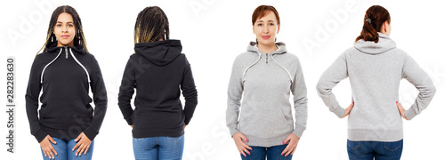 stylish afro american girl in black hoodie mock up, beautiful woman in grey hood set front and back view, sweatshirt isolated mockup
