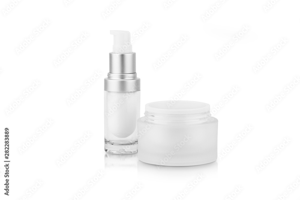 Mock up uncover empty container a cream pump bottle and uncover a cream jar for cosmetic, isolated on white background with clipping path. Mock up uncover empty container a cream pump bottle and uncover a cream jar for cosmetic, isolated on white background with clipping path.