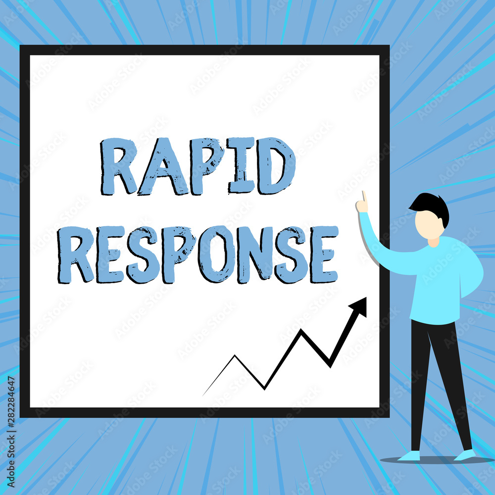 Word writing text Rapid Response. Business photo showcasing Medical emergency team Quick assistance during disaster View young man standing pointing up blank rectangle Geometric background Word writing text Rapid Response. Business photo showcasing Medical emergency team Quick assistance during disaster View young man standing pointing up blank rectangle Geometric background