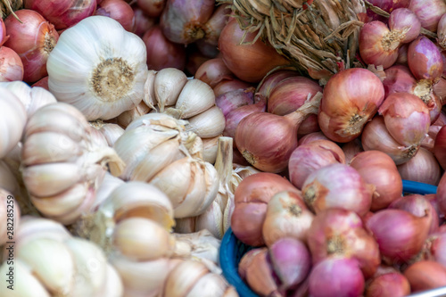 Pile of Garlic and onion (Close up)