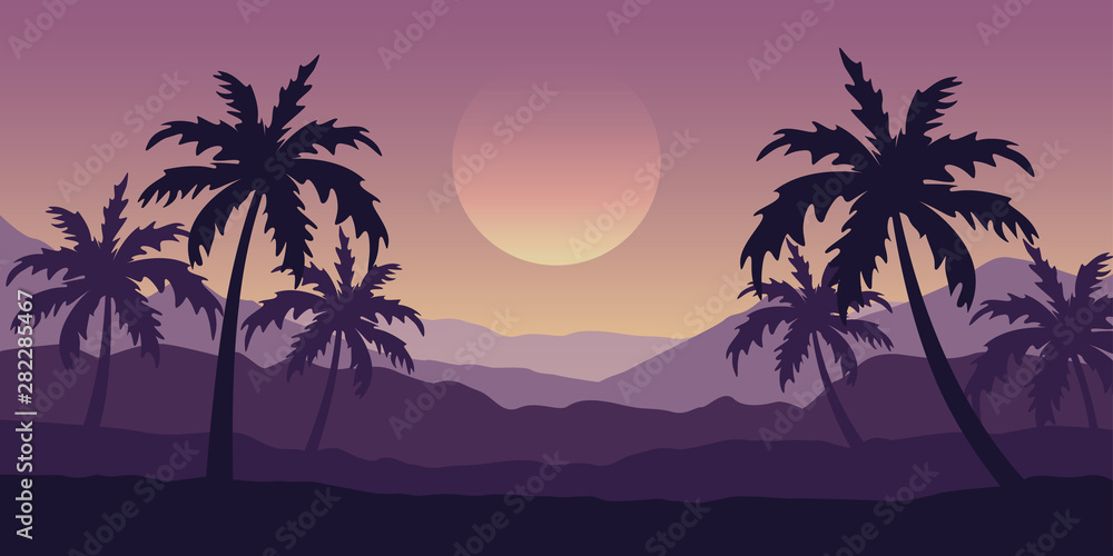 beautiful palm tree silhouette mountain landscape in purple colors vector illustration EPS10