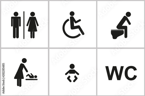 set of WC icons gender male female baby change handicapped toilet isolated on a white background pictogram vector illustration EPS10