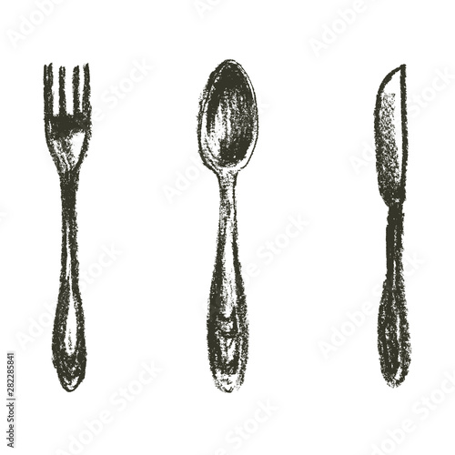 Knife, spoon and fork isolated on white background painted by black chalk. Silverware. 