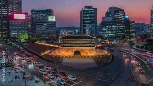 traffic in the city at night, seoul south korea photo
