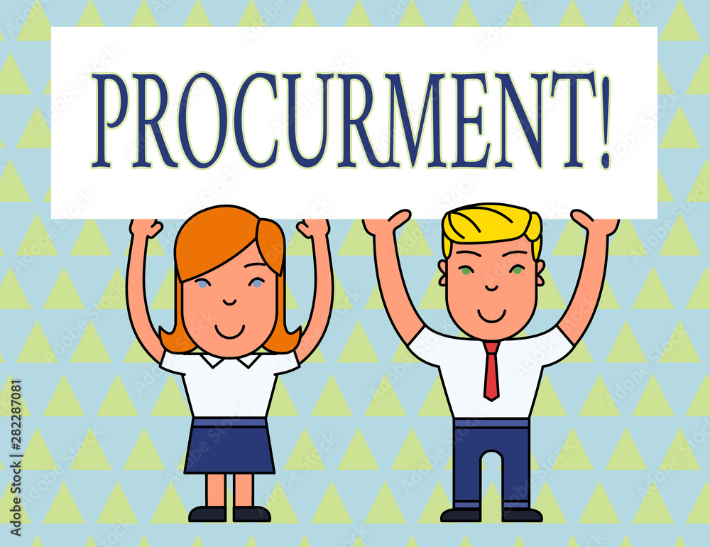 Text sign showing Procurment. Business photo text action of acquiring military equipment and supplies Two Smiling People Holding Big Blank Poster Board Overhead with Both Hands Text sign showing Procurment. Business photo text action of acquiring military equipment and supplies Two Smiling People Holding Big Blank Poster Board Overhead with Both Hands