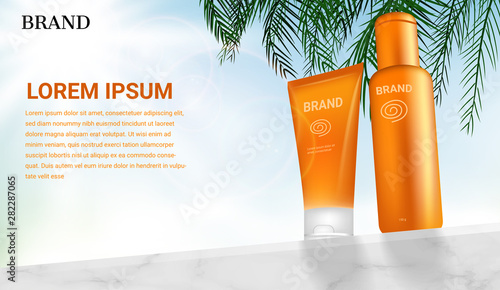 Sunblock cosmetic products on marble wall with coconut leaves on shining light sky background