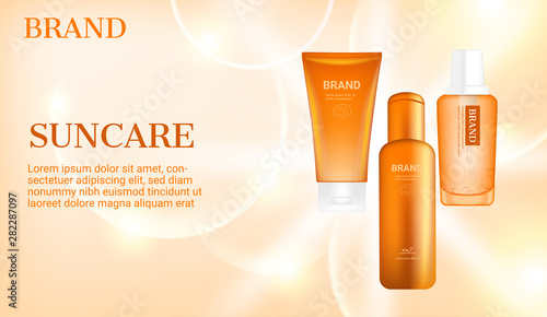 Sunblock products with big bubbles on light radiant background