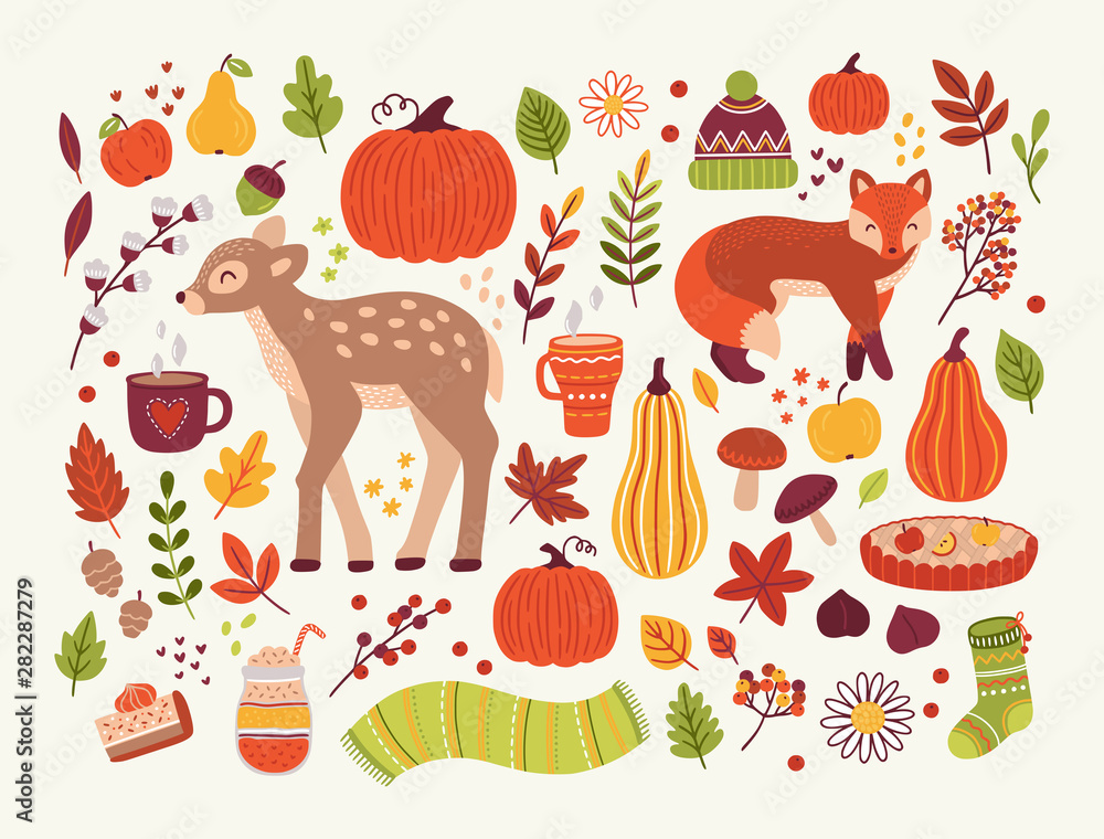 Vector collection of autumn design elements. Hand drawn flat illustraion in cartoon style. Seasonal greeting cards, print, logo design.