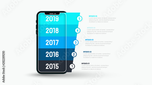 Vector infographic design with technology info chart. Smart phone concept with 5 steps, options. Can be used for graph, presentations, web design.