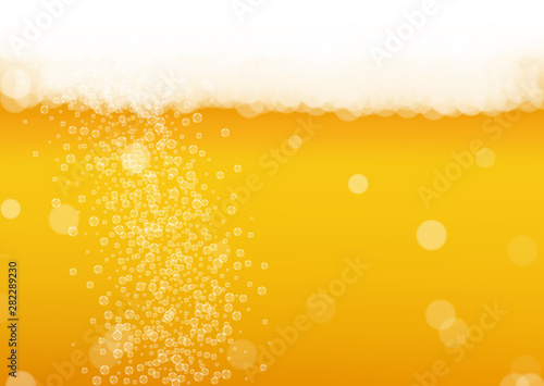 Beer foam. Craft lager splash. Oktoberfest background. Froth pint of ale with realistic white bubbles. Cool liquid drink for pub menu template. Orange glass with beer foam.