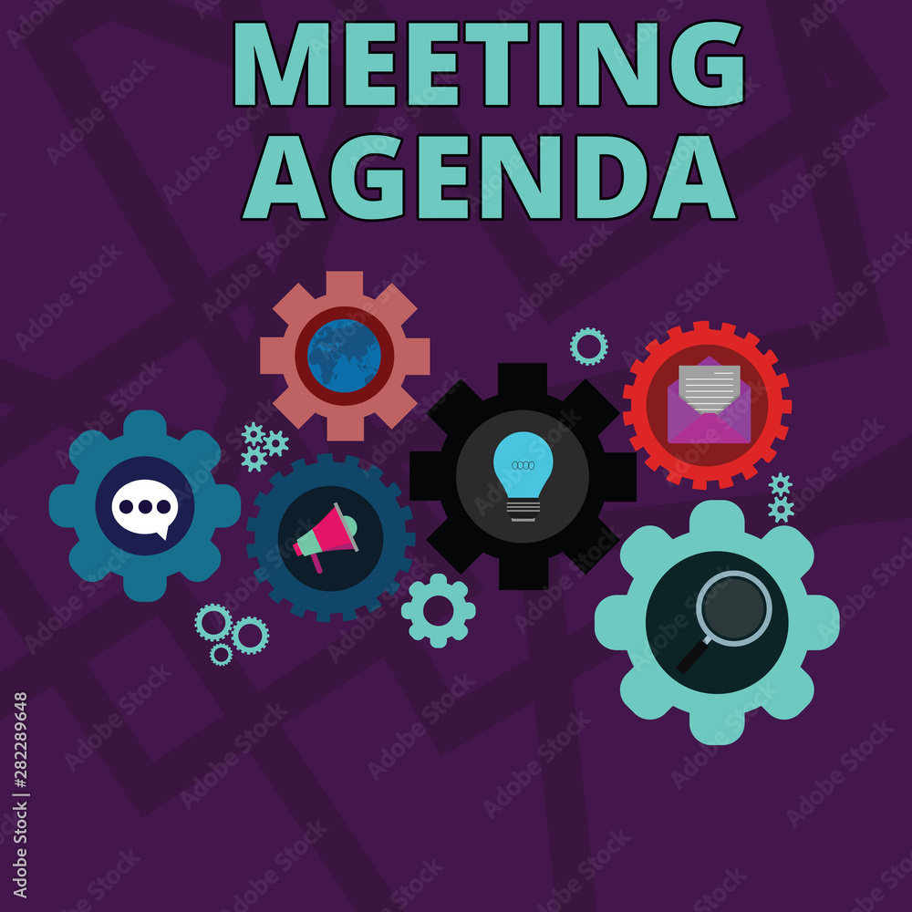 Word writing text Meeting Agenda. Business photo showcasing An agenda sets clear expectations for what needs to a meeting Set of Global Online Social Networking Icons Inside Colorful Cog Wheel Gear Word writing text Meeting Agenda. Business photo showcasing An agenda sets clear expectations for what needs to a meeting Set of Global Online Social Networking Icons Inside Colorful Cog Wheel Gear