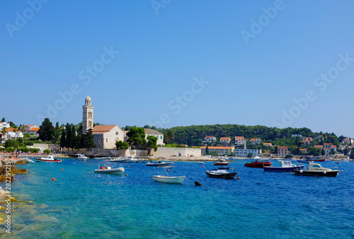 The Franciscan Monastery with boats in Hvar Town and island in Croatia