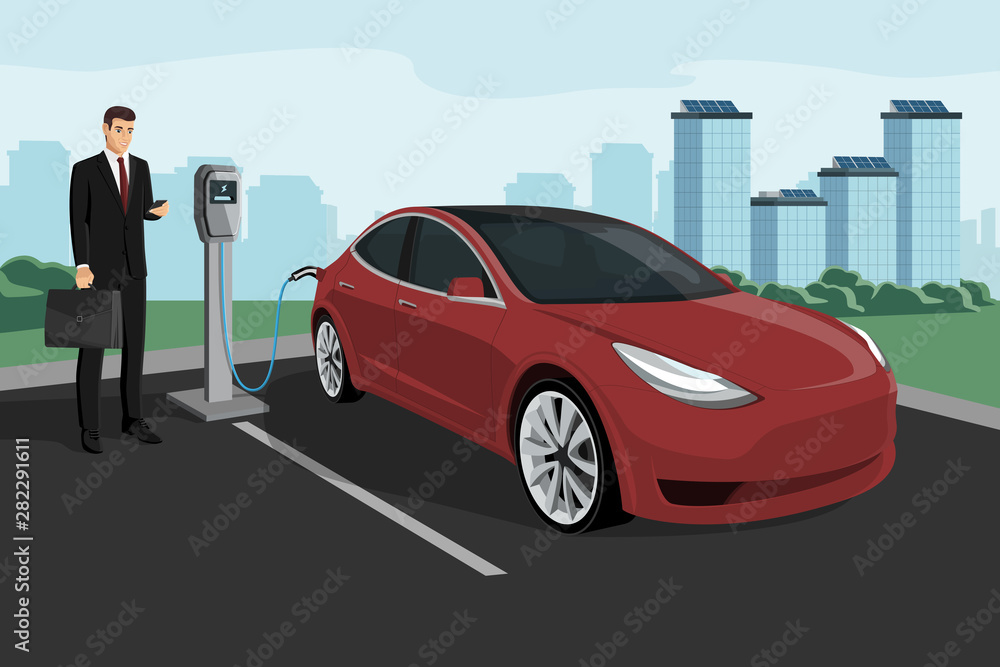 Man charges an electric car at a charging station. Vector illustration EPS 10