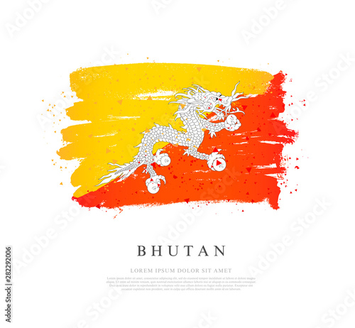 Flag of Bhutan. Brush strokes are drawn by hand. Independence Day.