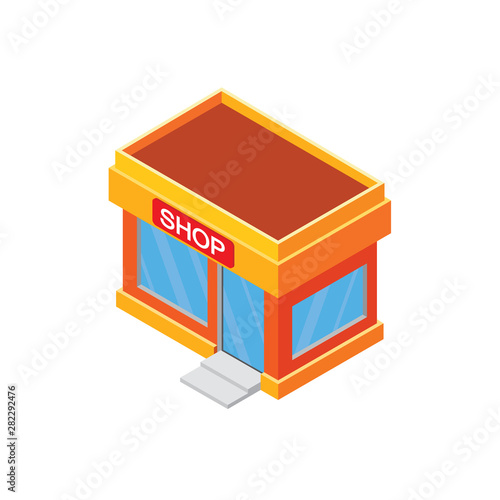  Isometric shop store building.  Isometric shop or storage orange color building, with windows and door. Store or shop isometric icon.