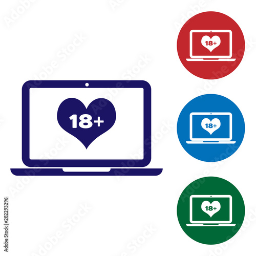 Blue Laptop computer with 18 plus content heart icon isolated on white background. Age restriction symbol. 18 plus content sign. Adult channel. Set color icon in circle buttons. Vector Illustration